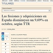 Las fusiones y adquisiciones en Espaa disminuyen un 9,69% en octubre, segn TTR